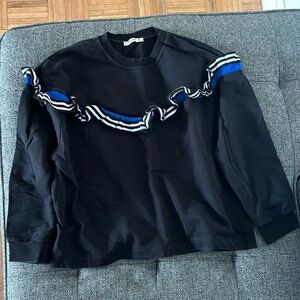 Pull&Bear, Used, Women S, long sleeve, black with blue and white striped ruffle